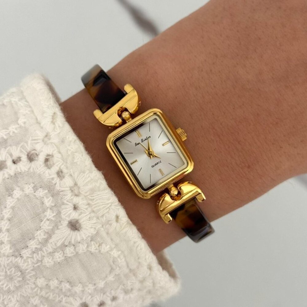 Sku 0457 cute‎ gold mini watch bracelet with brown Inserts with marble pattern